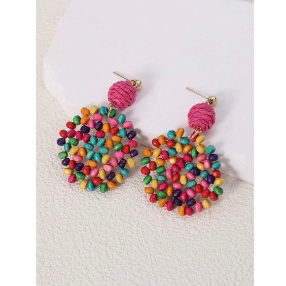 NEW Colorful Wooden Beaded Drop Dangle Earrings Balls Vacation Resortwear Travel - Picture 1 of 7